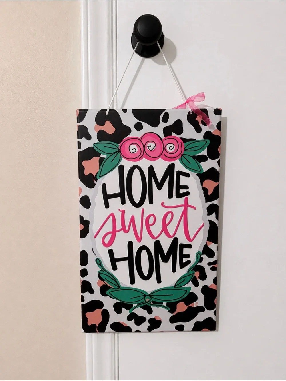 Home Sweet Home Floral Leopard Print Hanging Wall Sign | Pink & Black